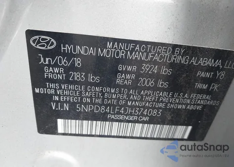 2018 Hyundai Elantra Sel z USA, uszkodzony, nr VIN 5NPD84LF4JH374083